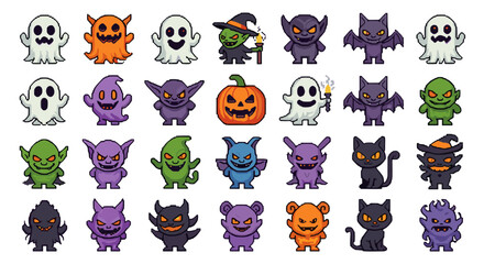 Collection of pixelated halloween characters including ghosts goblins bats pumpkins and black cats