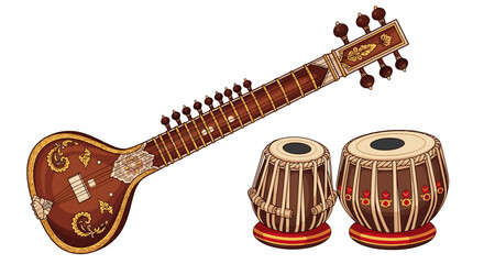 Illustration of a sitar with detailed ornamentation and a pair of tabla drums on a white background