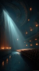 Majestic old theater illuminated by a single beam of light highlighting empty seats at dusk
