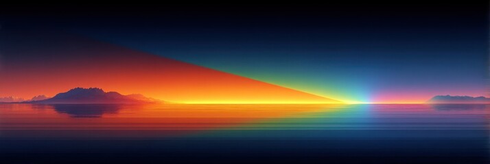 Vibrant sunset over calm water reflecting multi-colored light and distant mountains at dusk