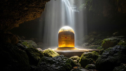 Golden Shiva Linga glowing beneath waterfall inside misty forest cave with mossy rocks