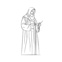 Line art of jesus christ holding reed in robe with hood drawing illustration sketch religious figure design
