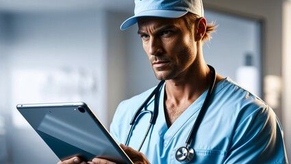 A serious doctor examines vital data on a digital tablet device.