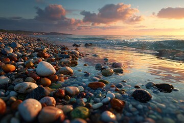 Scenic sunset casts a warm glow on the Baltic Sea coast, where colorful pebbles meet the gentle waves along the shoreline near a distant village