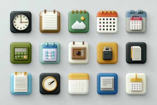 Assortment of stylized calendar, clock, camera, and document icons arranged on a light grey background, showcasing colorful time management and photography concepts
