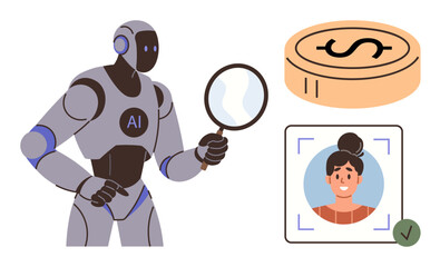 AI humanoid holding magnifying glass near dollar coin and verified ID. Ideal for finance, AI, technology, security, automation, identity, innovation themes. Simple flat metaphor