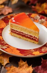 Close-up with a macro lens of one section of a layer cake on a plate, decorated aesthetically and luxuriously. Use autumn colors for the layer cake.