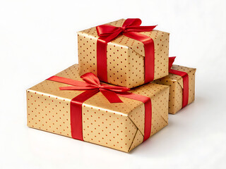 A stack of three gifts wrapped in gold paper with red polka dots and red ribbon bows on a white surface