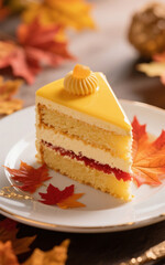 Close-up with a macro lens of one section of a layer cake on a plate, decorated aesthetically and luxuriously. Use autumn colors for the layer cake.