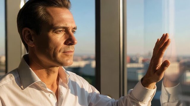 Thoughtful businessman contemplating business decisions while gazing out office window during quiet moment of reflection