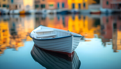 Obraz premium A tiny vessel gently resting by the tranquil harbor reflection