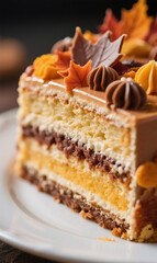 Close-up with a macro lens of one section of a layer cake on a plate, decorated aesthetically and luxuriously. Use autumn colors for the layer cake.