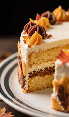 Close-up with a macro lens of one section of a layer cake on a plate, decorated aesthetically and luxuriously. Use autumn colors for the layer cake.