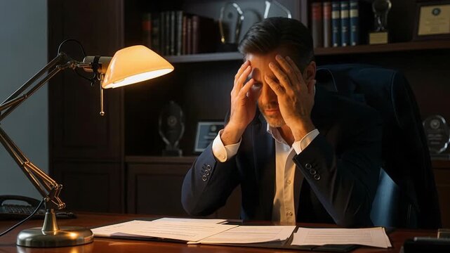 Overwhelmed businessman suffering from work stress and headache while dealing with difficult problems and workplace pressure