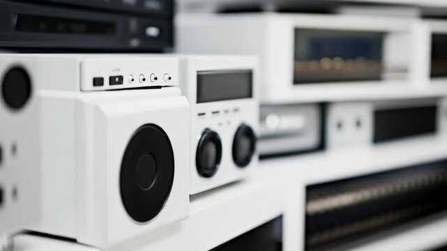 A group of speakers stacked on top of each other, suitable for use in presentations or exhibitions