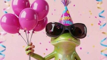 A smiling cartoon frog wearing a party hat and sunglasses holding a bundle of pink balloons a cute and festive image of a birthday celebration - Powered by Adobe