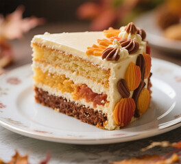 Close-up with a macro lens of one section of a layer cake on a plate, decorated aesthetically and luxuriously. Use autumn colors for the layer cake.
