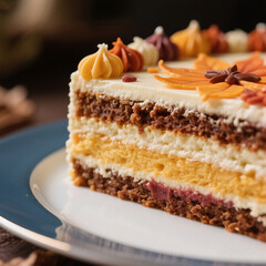 Close-up with a macro lens of one section of a layer cake on a plate, decorated aesthetically and luxuriously. Use autumn colors for the layer cake.