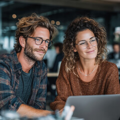 A man and a woman are sitting at a table with a laptop in front of them. They are both wearing glasses and smiling. Scene is friendly and relaxed