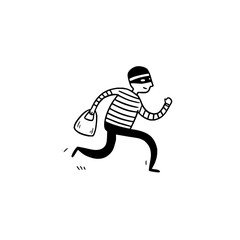 Fototapeta premium Cartoon thief running with bag criminal in mask black and white drawing illustration vector art robbery crime run
