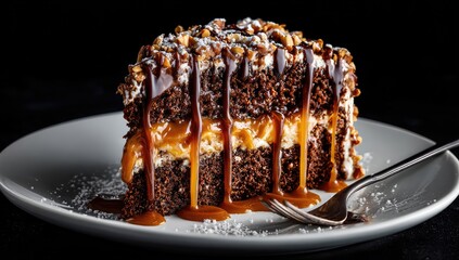 Caramel Nut Chocolate Cake Slice, Dessert, Restaurant, Close-up