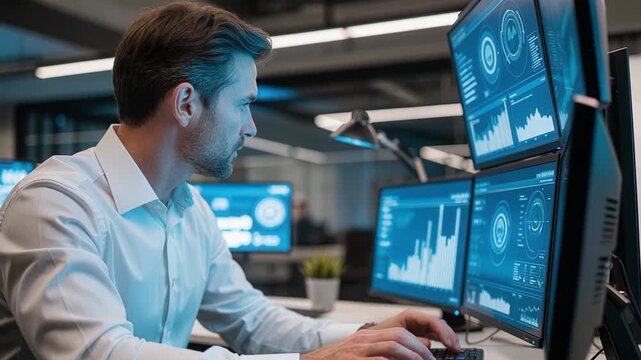Focused professional multitasking between dual computer monitors in modern office workspace demonstrating efficient workflow management