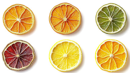 Set of dried citrus fruits isolated on a transparent background, top view.	