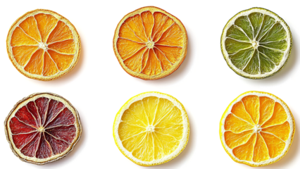Set of dried citrus fruits isolated on a transparent background, top view.	