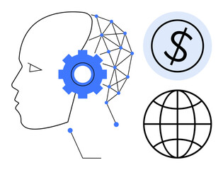 Human profile with neural net and gear, dollar sign, and globe. Ideal for AI, technology, innovation, economy, fintech globalization automation visuals. A simple flat metaphor