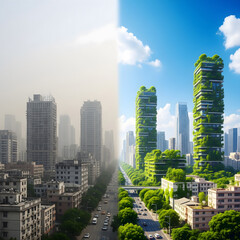 Fototapeta premium A powerful before-and-after composite of a polluted city transformed into a green city, illustrating sustainability and urban renewal.