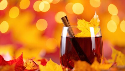 Gradient background from yellow to red-brown like autumn leaves. A transparent glass of mulled wine placed in the center, only a cinnamon stick inside. Subtle focus.