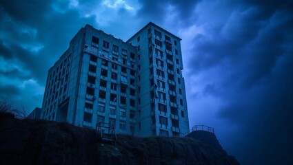 Verlassenes Hochhaus thront bedrohlich unter düsterem Himmel in apokalyptischer Abendstimmung