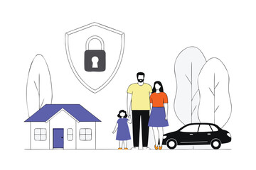 Stylized flat illustration of a family with house car and shield