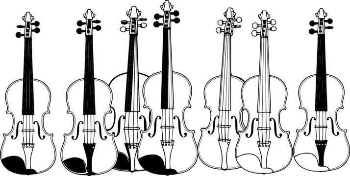 Different styles of violins displayed in black and white sketches illustrating their unique features and designs