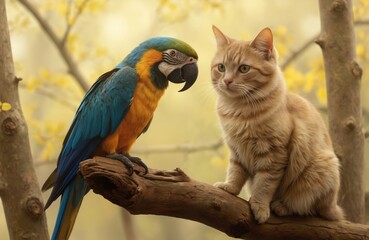 Ginger cat and colorful blue and yellow macaw parrot sit on a tree branch together. The animals have a curious look, creating a scene of unusual friendship in nature. Soft yellow blurred background.