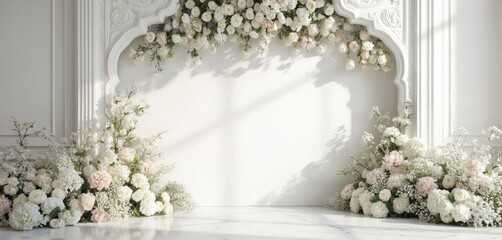 Elegant white floral backdrop for photography. Features ornate architectural details and luxurious marble floor. Rich white roses, hydrangeas, and baby breath create a romantic, luxurious atmosphere.