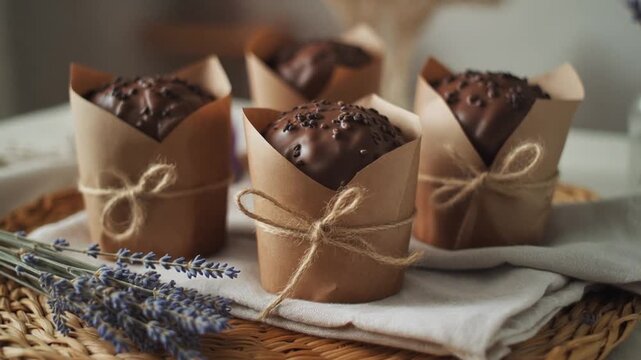  chocolate panettones wrapped in kraft paper and tied with natural twine,