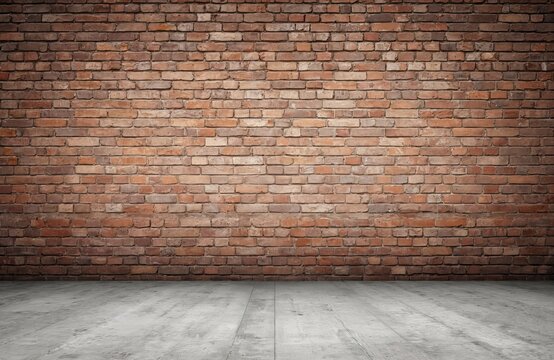 Weathered red brick wall with concrete floor provides vintage urban backdrop. Textured surface exhibits aged, cracked construction with abstract, grunge facade. Perfect for interior design, retro