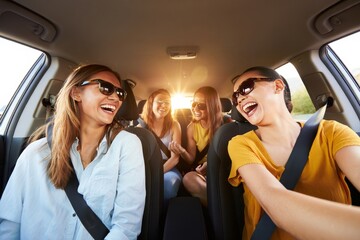 Group of Young Women Enjoying a Road Trip in a Car