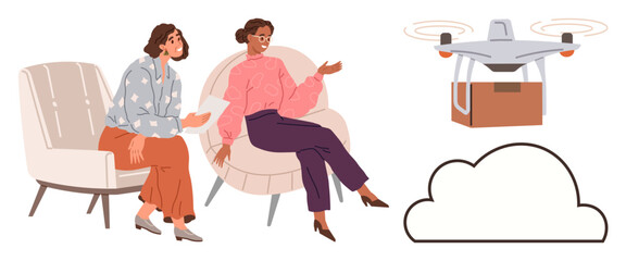 Two women seated in conversation, drone carrying a package, and cloud graphic. Ideal for tech innovation, logistics, teamwork, e-commerce, communication, delivery solutions simple flat metaphor