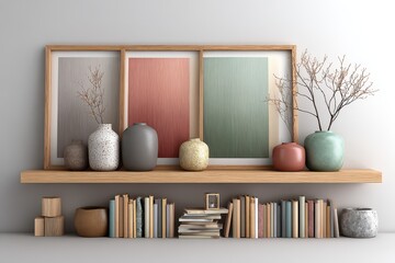 Interior decor with floral arrangements and framed landscape art pieces displayed on a wooden shelf against a neutral wall