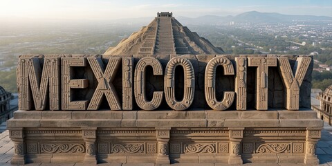 Ancient Teotihuacan Pyramid with MEXICO CITY Stone Text, Sunrise Aerial Landscape, Mexican Travel and Tourism Concept