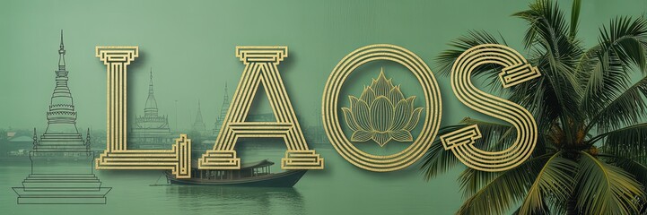 Laos Travel Banner with Golden Text, Iconic Temple Silhouette, Palm Trees, and Green Tropical Background for Tourism and Culture Promotion