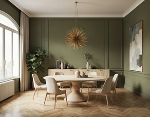 Fototapeta premium Modern dining room round wood table with neutral chairs on herringbone parquet flooring. Walls feature serene green hue complemented by elegant gold accents, abstract artwork. Striking starburst