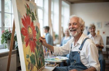 Elderly man happily paints a red flower in art class. He wears denim overalls. Other seniors paint in background. Joyful atmosphere promotes creativity, learning new skills and hobbies.