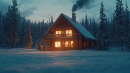 Cozy log cabin in snowy forest at twilight. Warm light from windows illuminates the cabin, surrounded by snow-covered evergreens.