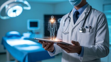 Modern medical professional using tablet to visualize patient data in bright, advanced hospital setting