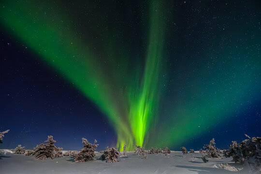 Stunning aurora borealis over Lapland night landscape. Bright green and purple northern lights dancing in the starry sky above snowy rural terrain. Long exposure photo of natural arctic phenomenon. - Powered by Adobe