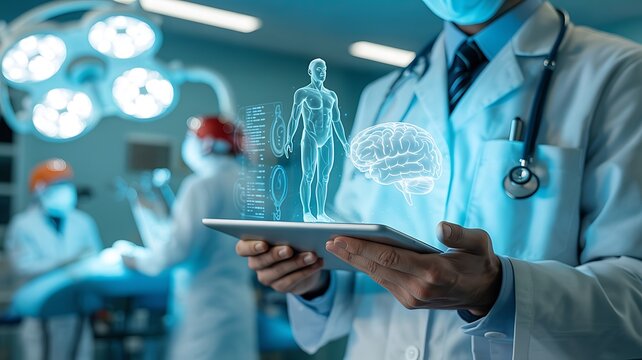 Modern doctor using tablet with human body hologram in operating room for breakthrough medical research