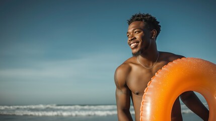 Smiling Man with Inflatable Ring on Sunny Beach
